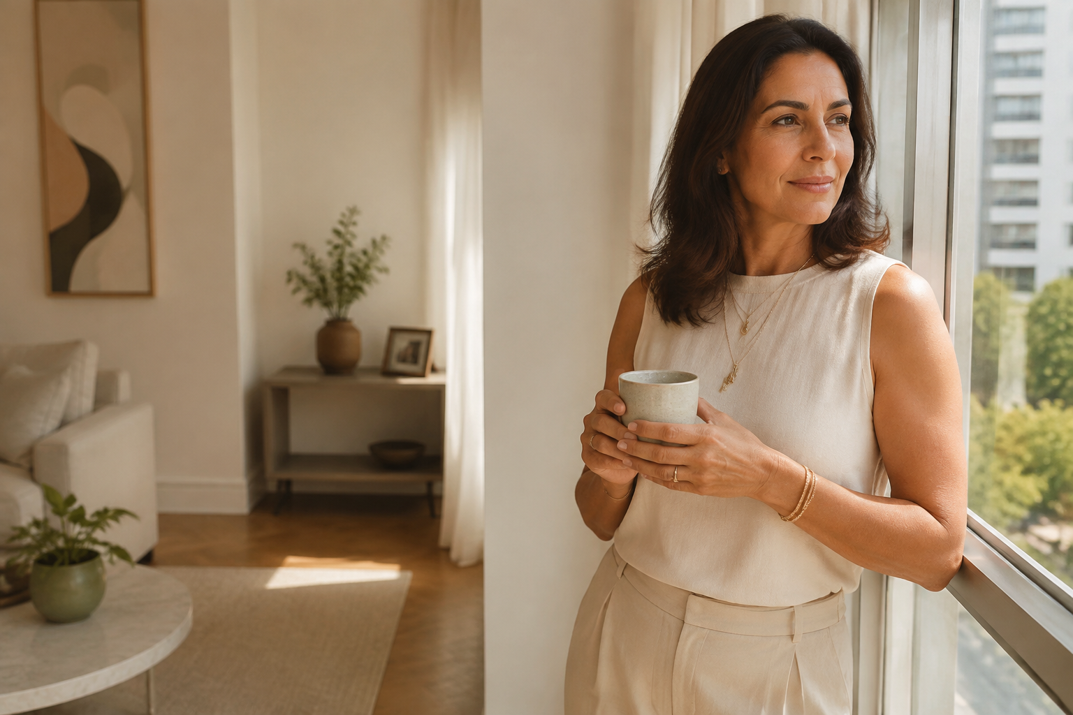 Mulher adulta em um momento tranquilo de bem-estar em casa